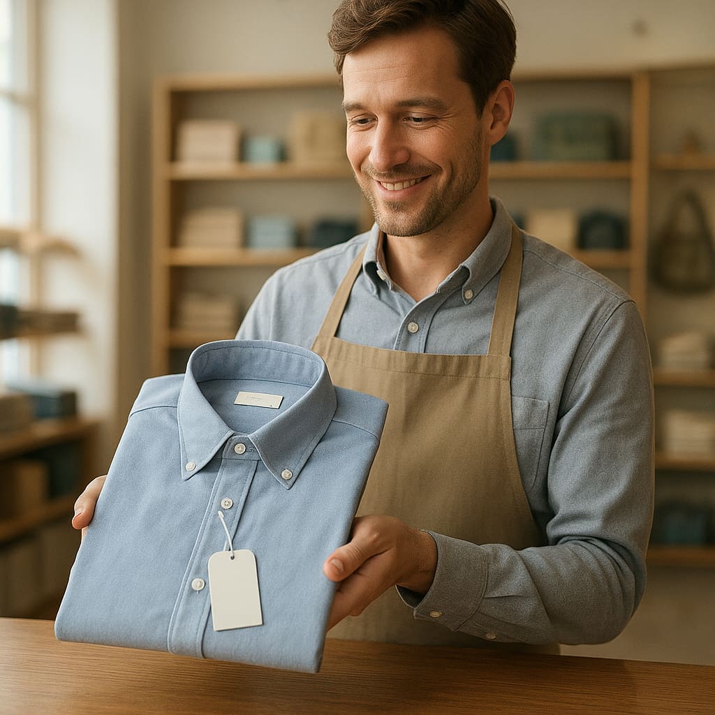 Mitarbeiter bewertet ein Kleidungsstück