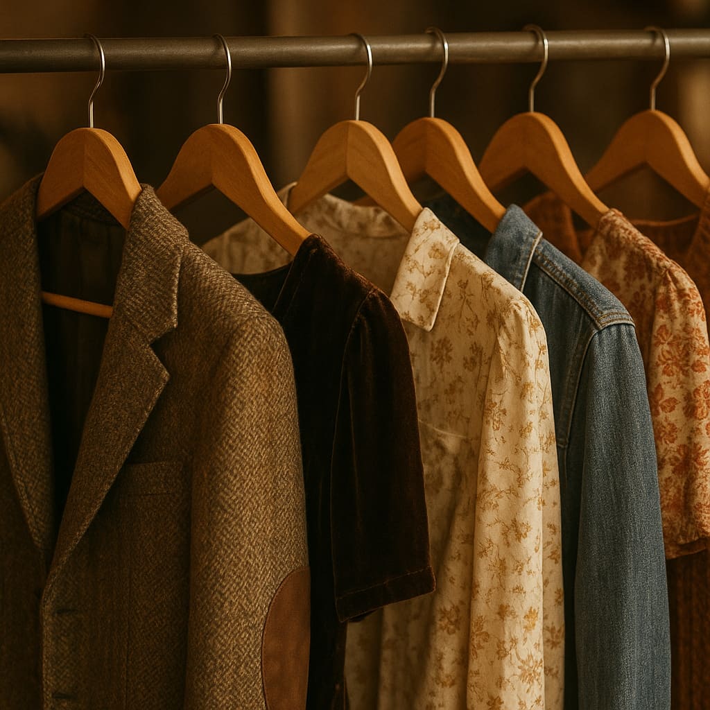 Vintage-Kleidung auf Holzkleiderbügeln